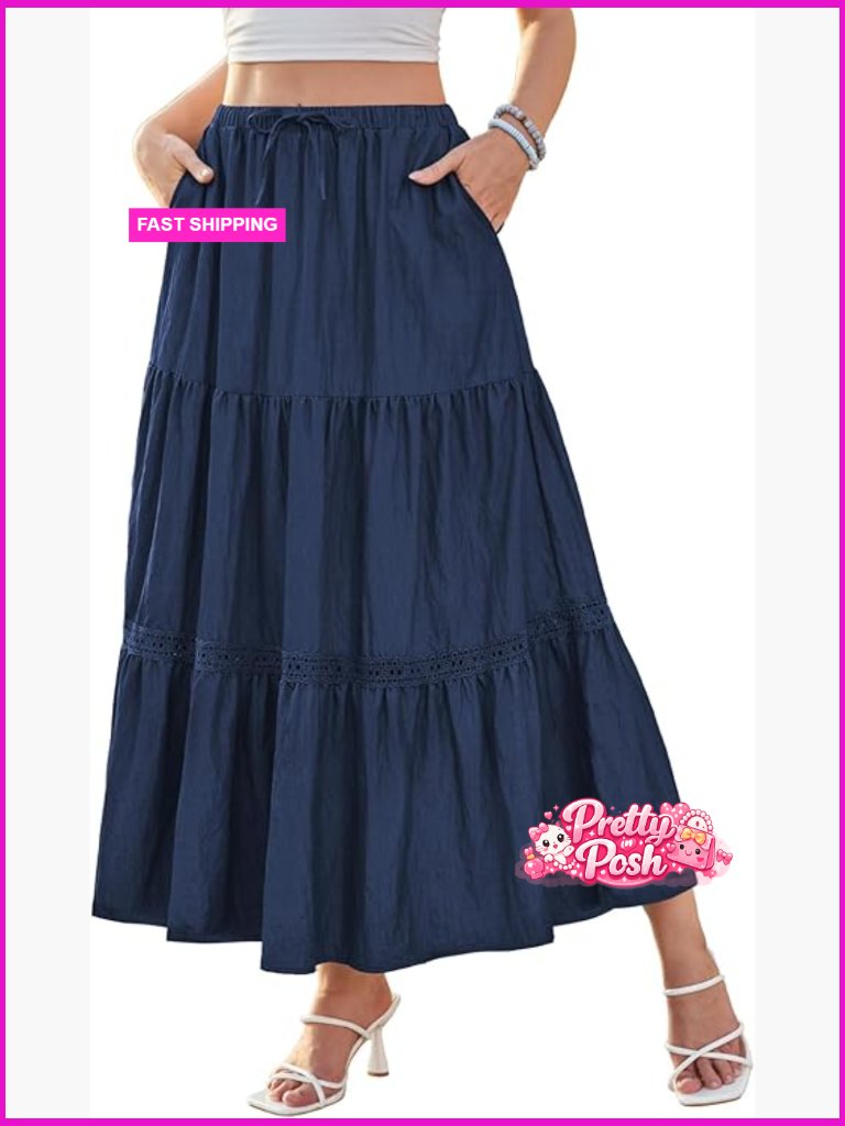 Boho Elegant Lace Trim Swing Tiered Maxi Skirt High Waisted Tie A Line Flowy